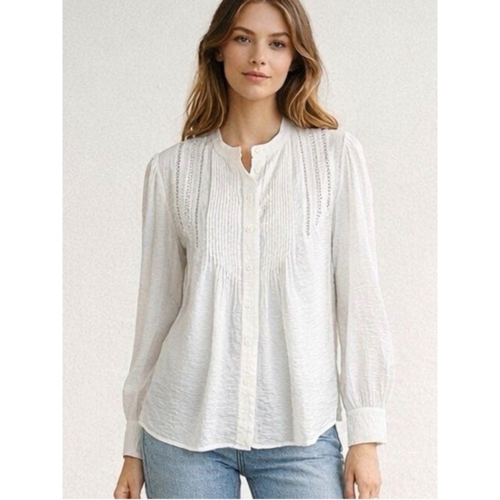 ba&sh Laura Pleated Lace Trim Blouse Ivory XS Pintuck Puff Sleeve Top